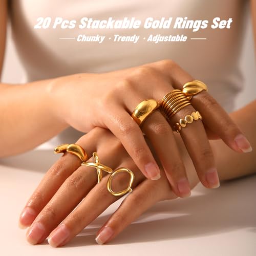 KISS WIFE 20 Pcs Chunky Gold Rings Set for Women, Trendy Thick Stackable Knuckle Rings Pack Open Design, Jewelry Gift3