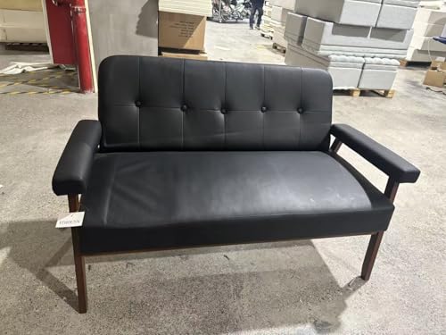 Image of STHOUYN 50 inchW Black Faux Leather Office Couches Loveseat Sofa with Wood Arms, Mid Century Modern Love Seat Sofas Couch Lounge Armchair Living Room