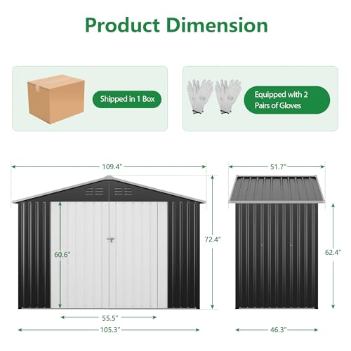 HOGYME 9x4フィート 大型ガーデンストレージオーガナイザー 耐候性 屋外メタルシェッド 裏庭 庭 テラス 芝生収納 ロック可能なドア付き