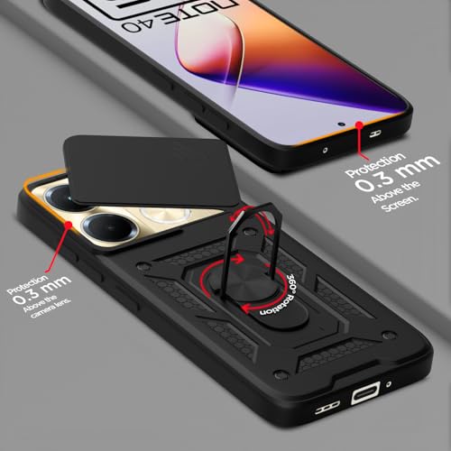 Image of Pikkme Back Cover for Infinix Note 40 5G | 360 Protection Case | Sliding Camera Shield Cover & Ring Holder Stand D10 Tough Armor Bumper Case (Black)