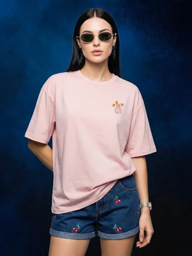 Image of JUNEBERRY Pure Cotton Oversized Drop Shoulder T-Shirt for Women | Front & Back Print, Half Sleeve, Baggy Fit, Round Neck | Sizes S-XXL