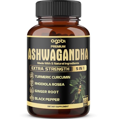 5in1 Premium Ashwagandha Capsules - Added Turmeric Rhodiola Rosea Ginger Black Pepper - 180 Caps for 6 Months