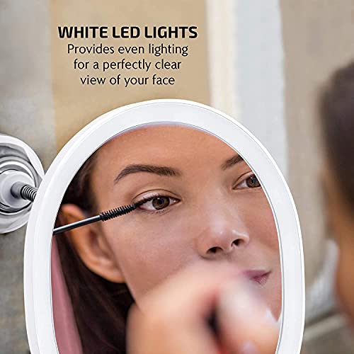 Image of OVENTE 9'' Rechargeable Lighted Wall Mount Bathroom Mirror, White MOW22W | Touch Screen Dimmable LED Lights, Includes Mini Magnetic 10X Magnifier, Flexible Gooseneck, Suction Mount and Micro USB Cable