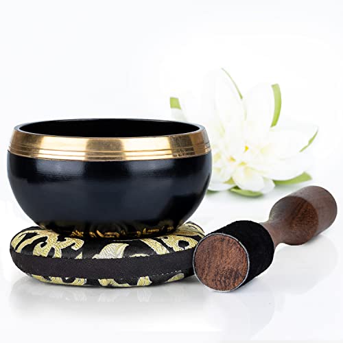 Tibetan Singing Bowl Set ~ Easy to Play ~ Creates Beautiful Sound for Holistic Healing, Stress Relief, Meditation & Relaxation ~ Power & Strength~ Black Glossy Bowl with Black Pillow - Thumbnail 2