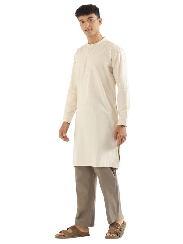 Image of SAADAA Men's Long Kurta - Linen Cotton Blend, Airy Fabric, Regular Fit, Mandarin Collar, Solid Color - Casual, Festive & Ethnic Wear