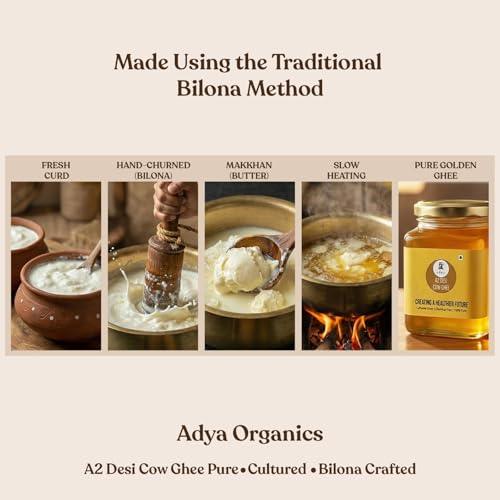 Image of Adya Organics A2 Ghee - 100% Pure Desi Cow Ghee, Chemical Free, Cultured. Bilona Method, Rich in Healthy Fats, Ideal for Cooking & Spreading, 400ml
