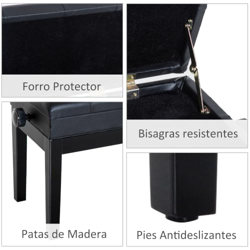 Miniatura 6 de Homcom Banqueta Para Piano Banco Para Piano Con Ajustable En Altura De 48 A 58 Cm Espacio De Almacenamiento Patas De Madera Taburete Para Teclado Acolchado 54,5x33x48-58 Cm Negro