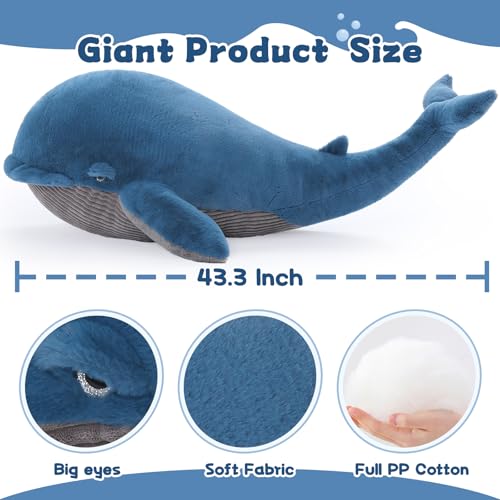 Image of Tezituor 43.3 inch Giant Whale Stuffed Animal, Large Realistic Blue Stuffed Whale Plush Ocean Toys Gift for Christmas Birthday, Hugging 4ft Soft Whale Plush Body Pillow for Girls Boys
