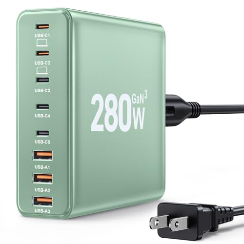 280W USB C Charger Block, 8-Port USB C Charging Station GaN III PD 65W Laptop Charger Adapter Compatible with MacBookPro/Air,DELL,iPad,Portable Charging Station for iPhone,Samsung Galaxy(Green)