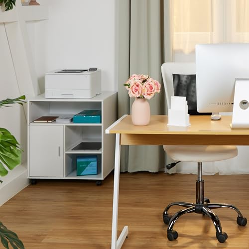 Miniatura 4 de Relaxdays Mesa Impresora Con 5 Cajones Y Puerta, Cajonera Oficina Con Ruedas, Mueble Despacho, 66,5 X 60 X 50 Cm, Blanco