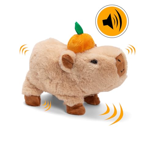 Simba PetZoo Capybara Stofftier – mit Orange auf dem Kopf, läuft und Macht süße Geräusche, Try Me-Funktion, interaktives Plüschtier, 17 cm, ab 3 Jahre