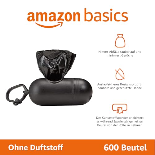 Amazon Basics Hundekotbeutel mit Spender und Leinenclip, Unparfümiert, 600 Beutel (40 Packungen mit je 15 Beuteln), Schwarz