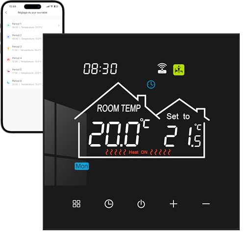 Vaconoff Thermostat Connecté Wifi Pour Chaudières à Gaz et Chauffage au Sol à l'eau Smart Chambre Thermostat,Compatible avec Tuia Alexa et Google Assistant, Numérique Contrôleur de Température Noir 3A