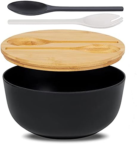 ECOHAGOU Large Salad Serving Bowl with Lid and Tongs, Bamboo Fiber Salad Bowl Set for Salad,Fruit,Vegetables to Replace Wooden Bowls(Matte Black)