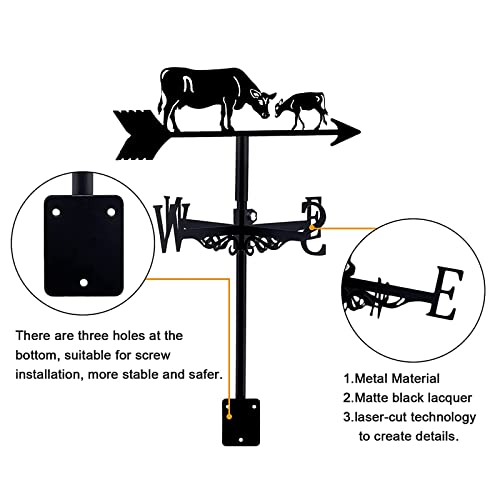 Weathervane Cast Iron Cows Farm Wind Direction Indicator With Roof Mount, Weather Vane Garden Metal Decorations Wind Direction Indicator For Outdoor Roof Farm Yard #TOP2