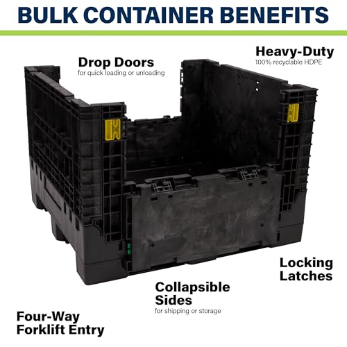 Image of Buckhorn 48 inch x 45 inch x 44 inch Collapsible Bulk Box Container, Extra-Duty Plastic Stacking Gaylord Box with 4-Way Forklift Access and 2 Drop Doors, 1700 lb Capacity Storage Tote, Black (BR48454420)