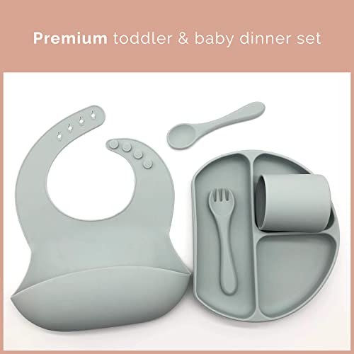 Baby Silicone Feeding Set - Baby Led Weaning Set - Baby Bib, Suction Divided Plate, Dinnerware Cup, Soft Baby Spoon & Fork - Food Grade Silicone, Toddler Utensils Plates, Baby Feeding Supplies #TOP5
