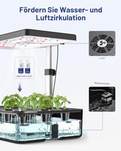 Foto von iDOO Hydroponisches Anzuchtsystem, 12Hülsen Smart Garden mit Automatisch Timer, 22W LED Pflanzenlampe und Leiser Lüfter, Höhenverstellbar Indoor Kräutergarten Kit, Schwarz