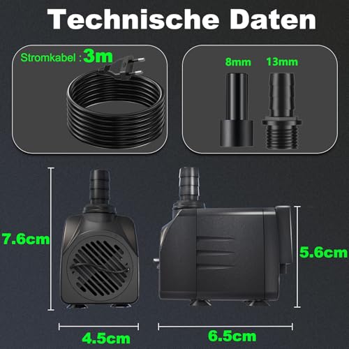 Springbrunnenpumpe 10W 600L/H Teichpumpe Mit 3m Extra-Langes Kabel Schutz vor Überhitzung Funktion Ultra Leise Aquariumpumpe Wasserpumpen für Brunnen, Hydroponik-Systeme, Submersible Tauchpumpe