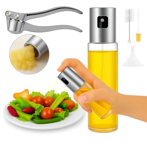 Nakosite Pulverizador Aceite Spray Cocina + Prensa Ajos Manual Professional + Embudo Cocina + Pincel de Silicona + Cepillo para Botellas – [Kit 5-en-1] – Fácil de Limpiar