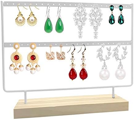 Earrings Organizer - 46 Holes 2 Layers Jewelry Display Wood Stand (White)