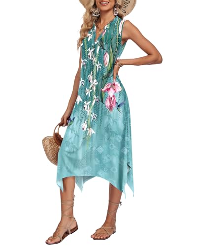 Image of AUSELILY Women Summer Midi Dress, Sleeveless Casual Asymmetrical & Pockets | V-neck midi sundress, asymmetrical flowy hem & side pockets, great for beach, vacation and daily wear