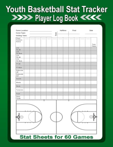 Youth Basketball Stat Tracker Player Log Book: 60 Game Basketball Scorebook | 120 Large Print Stat Tracking Single-Sided Pages | Court Maps to Record ... Book for Parents, Coaches, Players, Fans