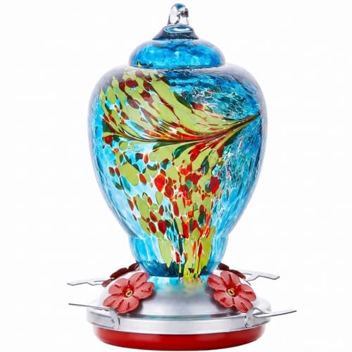 WOSIBO Hummingbird Feeder for Outdoors Patio Large 32 Ounces Colorful Hand Blown Glass Hummingbird Feeder with Ant Moat Hanging Hook, Rope, Brush and Service Card (Blue)