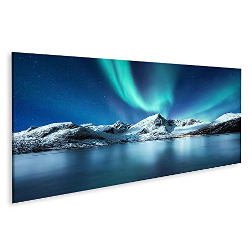 islandburner Tableau sur toile Aurore Boréale Iles Lofoten Norvège Aurores boréales Montagnes Réflexion Eau Paysage d'hiver Aurores boréales Cadre Affiche Poster Murale Tableaux