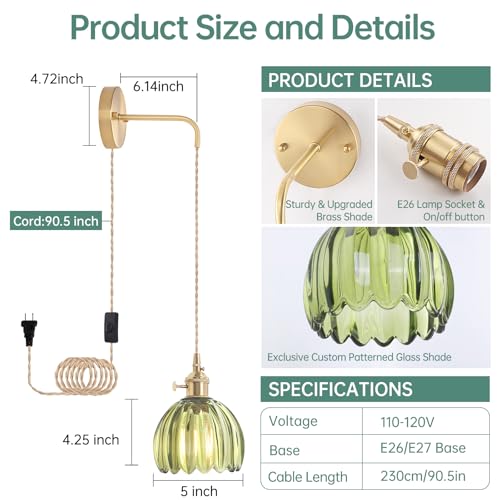 Image of Shenmoyl Vintage Wall Sconce Wall Lamp with Green Tulip Glass Shade Hanging Wall Sconce with 4.9FT Plug in Cord, Modern Wall Lamp Fixtures Decor for Bedside Bedroom Indoor Doorway