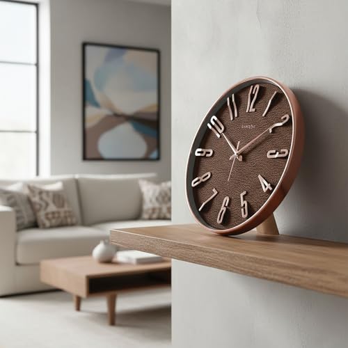 Image of RANDOM Silent Wall Clock, Brown with Rose Gold, Non-Ticking Quartz Movement, Metal Hands, 3D Foiling Numbers, HD Clear Glass