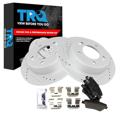 Image of TRQ Performance Rear Brake Pad and Rotor Set Ceramic Drilled Slotted G Coated Rotors Compatible with 2017-2020 Hyundai Elantra 2020-2022 Venue 2020-2022 Kia Soul