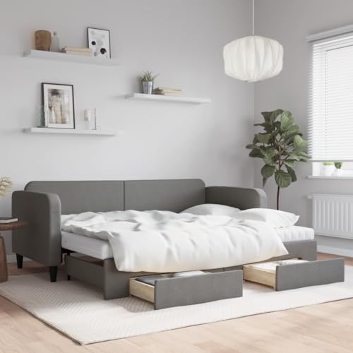 Yunovire Sofá cama extensible con cajones, color gris oscuro, 80 x 200 cm, funda de tela, 2 colchones, resistente marco de madera y metal, sofá cama moderno para habitaciones de invitados