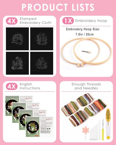 Image of TINDTOP 4 Pack Embroidery Kit for Adult, Embroidery DIY Starter Kit | with Stamped Patterns, Hoop, Tools, Colorful Threads with Needles, Instructions