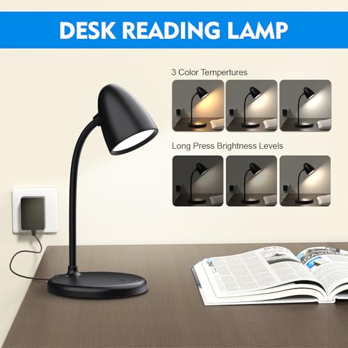 Image of LED Desk Lamp for Home Office, 3 Light Colours, Flexible Gooseneck Dimmable Reading Light for Bedside, Small Desk Lamp for College Dorm, Bedroom, Desk Lamp