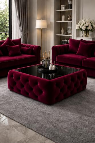 Image of Premium Tufted Upholstered Coffee Table with Mica Top - Modern Square Ottoman Center Table, Soft Velvet Finish, Luxury Living Room Furniture - 30 x 30 x 18 Inch (Maroon)