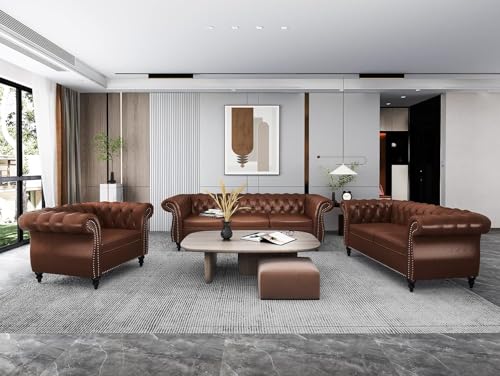 Image of WOODEN WORLD Modern & Classic Leather Sofa Set - Luxurious Comfort, Stylish Design, and Durable Build (Brown, 3+2+1 Seater)