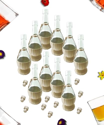 Buyglass Fiaschetti in Vetro con Rivestimento in Paglia e Tappo Fungo, 10 Pezzi, Bottiglie Decorative per Liquidi