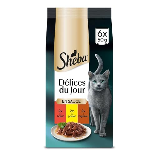 SHEBA Délices du Jour Set de 12 x 6 Sachets Fraîcheur aux Viandes en Sauce pour Chat 50 g