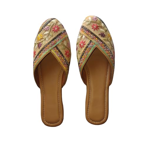 Image of Women's Embroidered Floral Juttis | Ethnic Jutti Flats | Handcrafted Flat Slip-On Mules with Beaded Embellishments