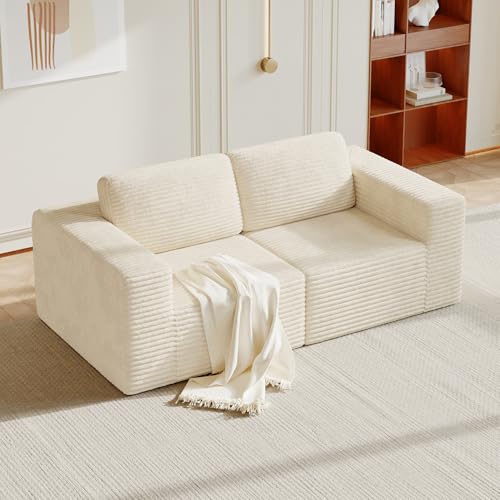 Image of Vesgantti 80 inch Modular Sectional Sofa, Corduroy Cloud Couch with Deep Seating & Spring Support, 2 Seater Compact Modular Couch, Boneless Sectional Sofa for Small Spaces, No Assembly Required, Beige