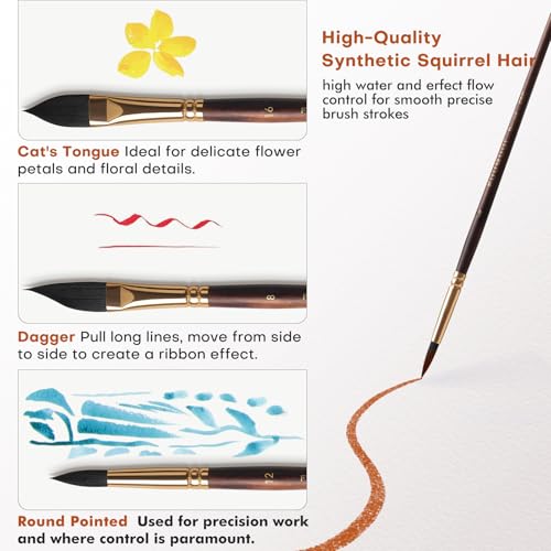 Image of Watercolor Brushes Professional, Fuumuui 10Pcs Synthetic Squirrel Hair Water Color Paint Brush Set for Artists - Flat, Round Pointed, Dagger, Cats Tongue Oval Wash for Watercolor Gouache Inks Painting