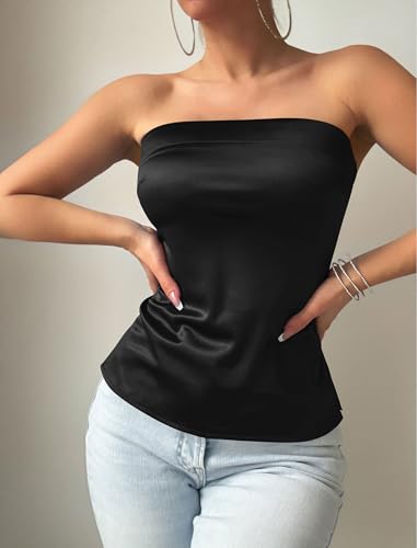ZAFUL Women Satin Strapless Tube Tops Side Split Sleeveless Backless Bandeau Top Going Out Bustier Tops Silk Tank Top4
