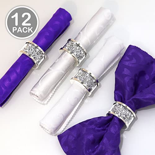 Stylishia Silver Diamond Glass Napkin Holder Stainless Steel Framed Crystal Silver Napkin Rings Set Of 12 Pieces, Glam Serviette Buckles Cloth Holder Bling Crushed Diamond Table Settings Home Decor #TOP3