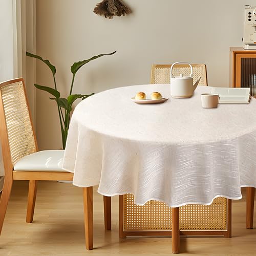 Karseteli Natural Linen Textured Round Tablecloth, Slubby Lightweight Table Cloth 52 Inch, Water Resistant Stain Resistant Farmhouse Burlap Table Cover for Kitchen Dining Room