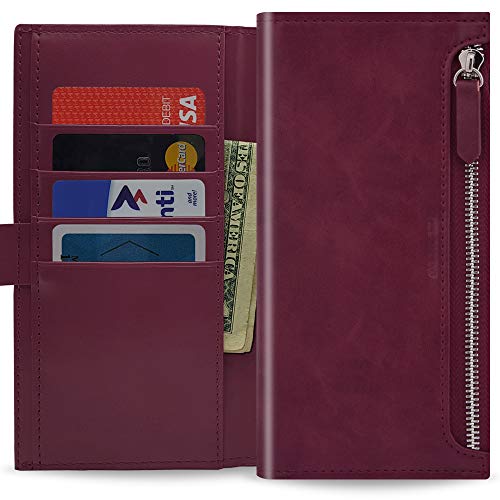 Qoosan Galaxy S10 Plus Zipper Wallet Case, Leather Flip Cover with Card Holder, Wine