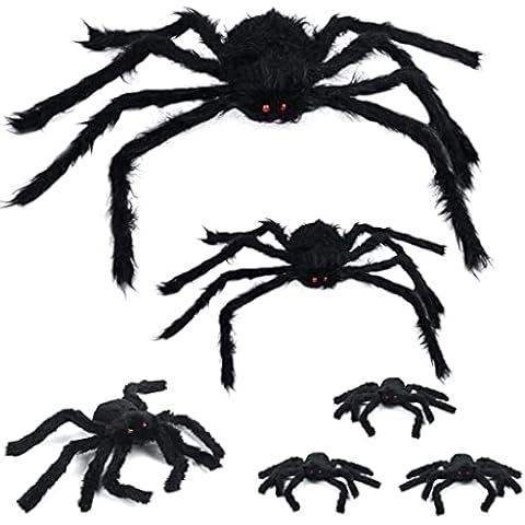OWUDE 6 PCS Halloween Giant Large Big Spiders Decoration Set, Realistic Hairy Spider with Red Eyes and Bendable Legs for Scary Outdoor Yard Decor, Black Cover