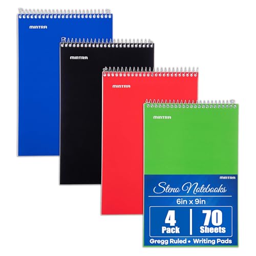 Mintra Office Steno Books Set - Top-Spiral Bound, Gregg Ruled, 70 White Sheets, Poly Primary Color Covered Notebooks for Office, Professional, School & Work, Note-taking, Writing Pads, 6"x9", 4 Pack