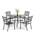 PHI VILLA 5 Piece Outdoor Dining Table Set for 4, 42” Round Steel Dining Table with Umbrella Hole & 4 Black Stacking Metal Chairs for Patio, Deck, Yard, Porch
