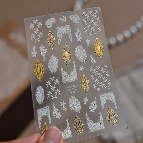 Image of White Lace Nail Stickers Decals Carved Nail Decals Flower Nail Art Stickers | 5D Embossed Self Adhesive Gold Frame Floral Rhinestone Design Nail Decals for Women Manicure Decor Accessories Supply 1 Sheet